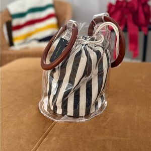 Vintage Clear Tote with Striped Pouch and Brown Handles
